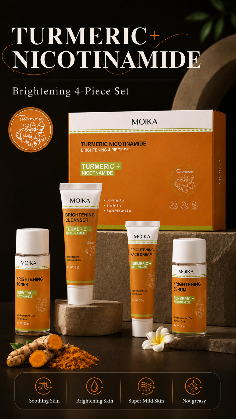 nicotinamide brightening skincare set (4 piece) | dark spot corrector, glow & soothing face kit for uneven skin tone