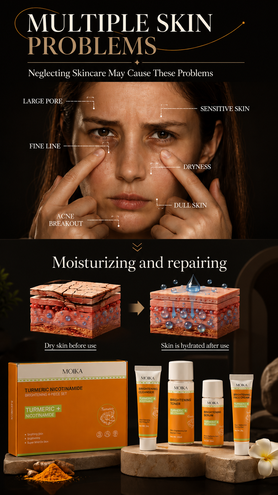 nicotinamide brightening skincare set (4 piece) | dark spot corrector, glow & soothing face kit for uneven skin tone