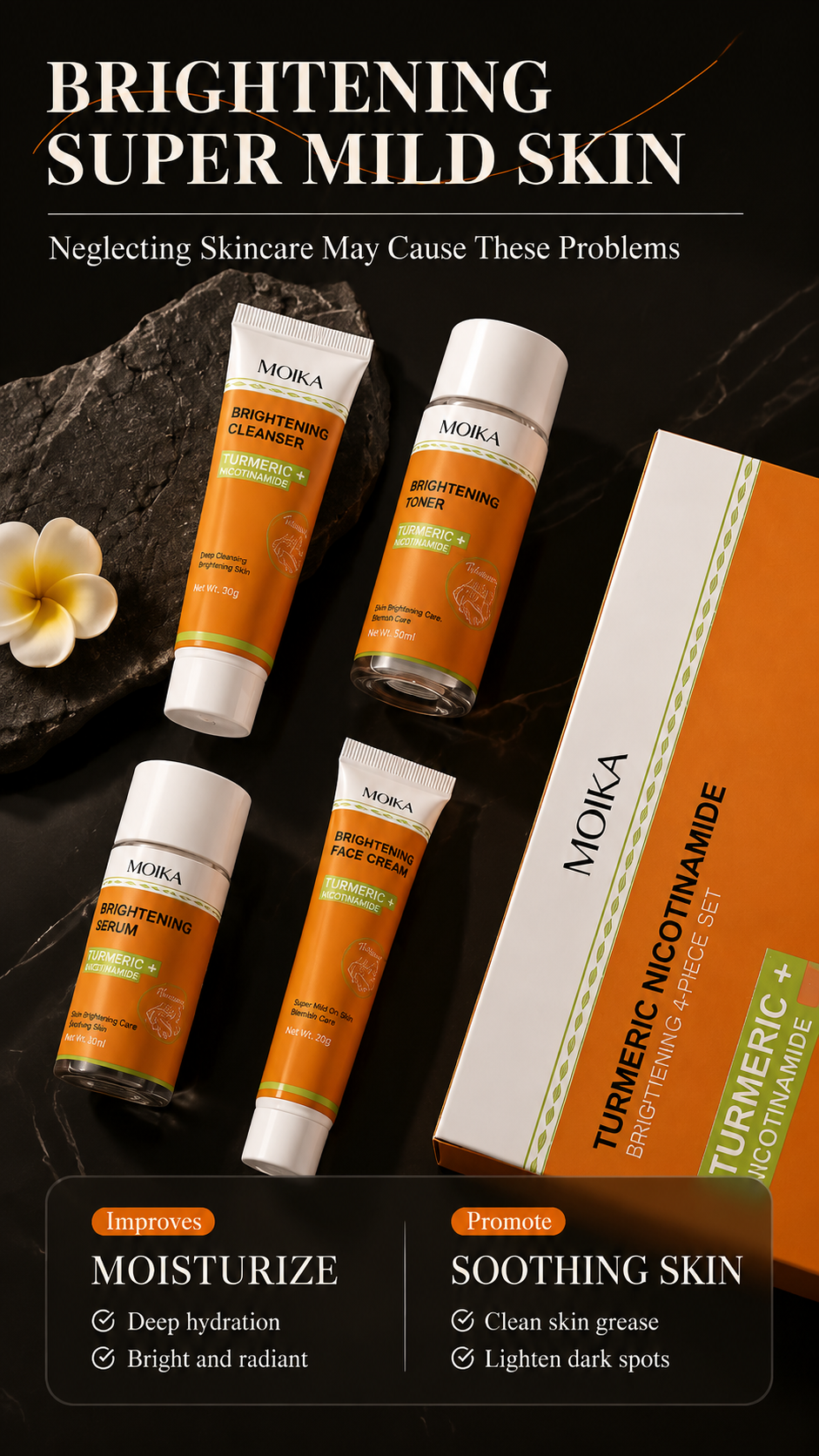 nicotinamide brightening skincare set (4 piece) | dark spot corrector, glow & soothing face kit for uneven skin tone