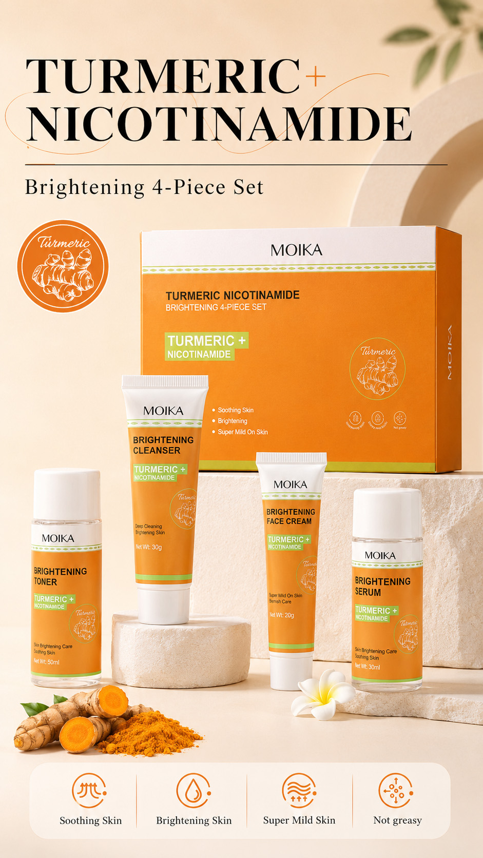 turmeric + nicotinamide brightening skincare set 4 step glow solution